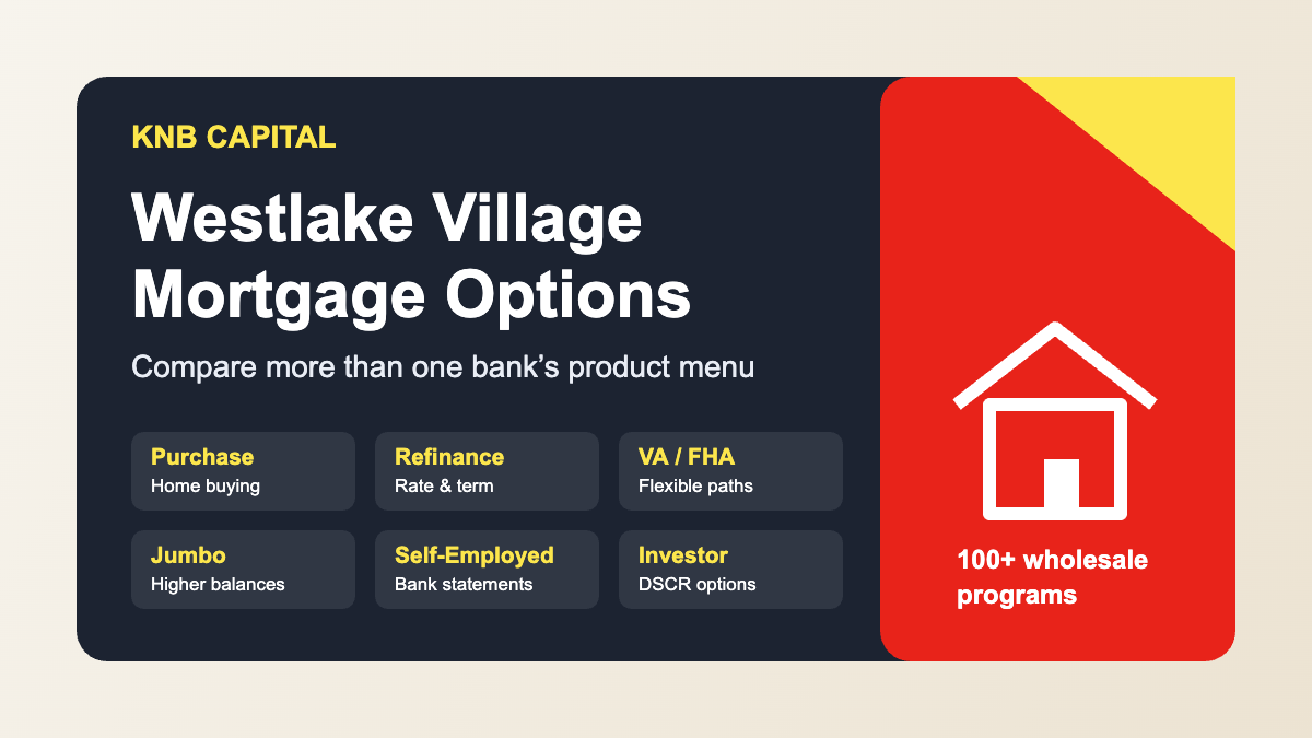 Westlake Village mortgage options including purchase loans, refinance, VA, FHA, jumbo, self-employed and investor loans from KNB Capital