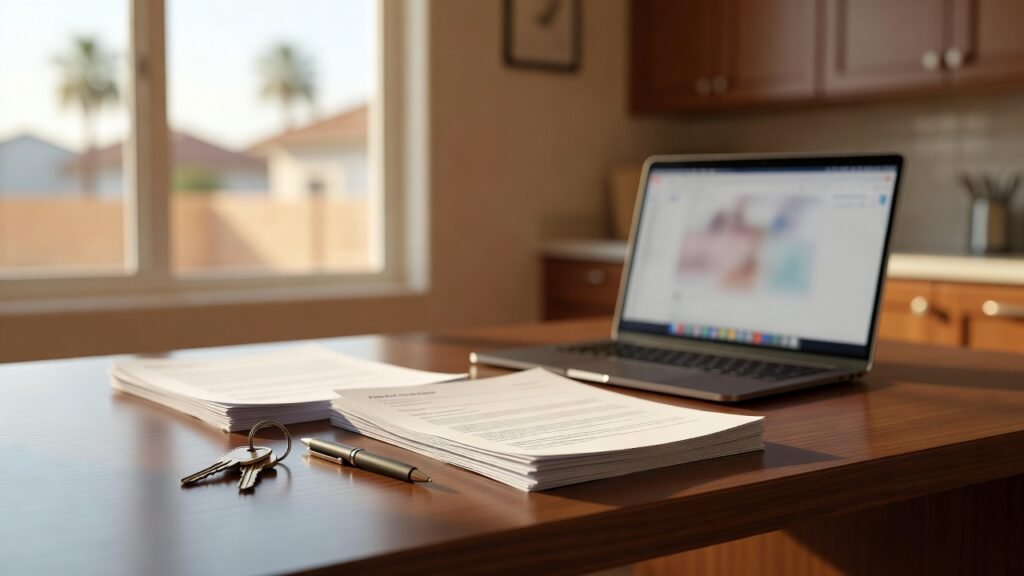 Cinematic home equity paperwork and keys for cash-out refinance and HELOC comparison
