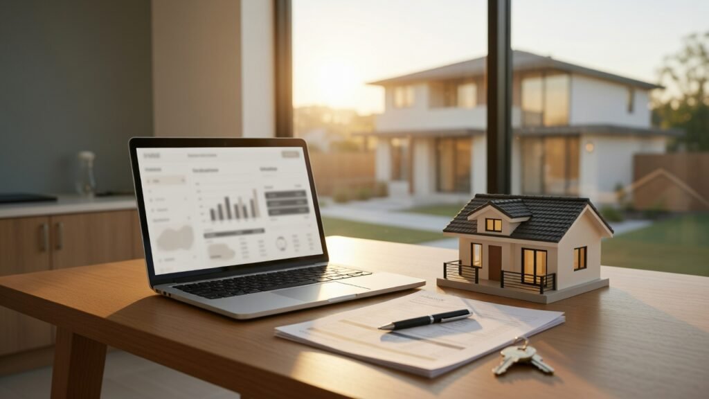 Home loan documents laptop and model home during a mortgage consultation