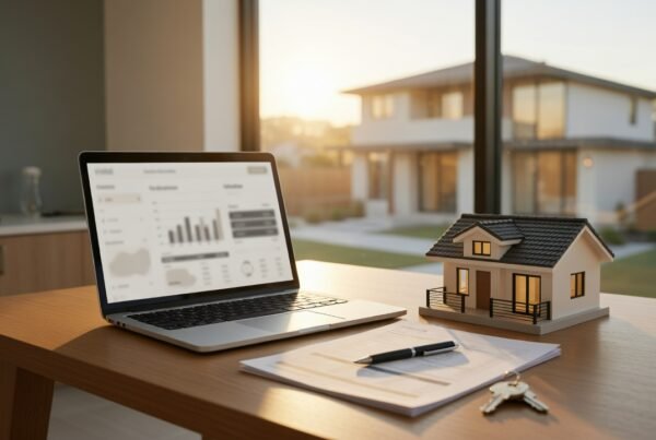 Home loan documents laptop and model home during a mortgage consultation