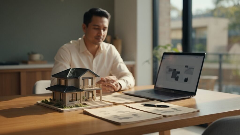 Advisor reviewing LLC real estate investment documents with a home model