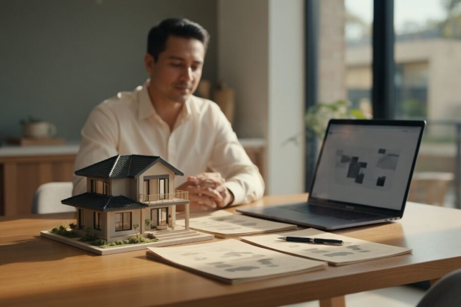 Advisor reviewing LLC real estate investment documents with a home model